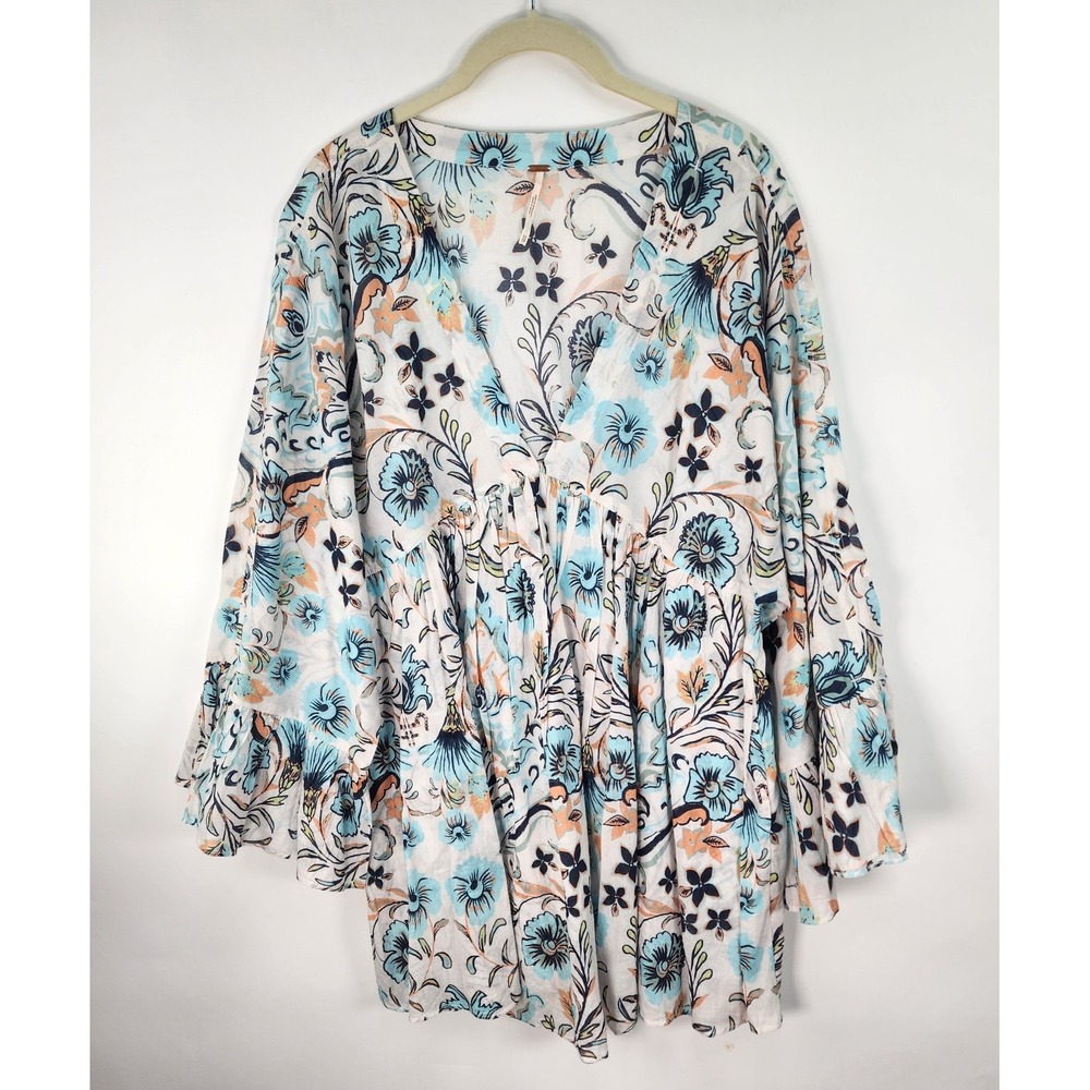 Free People Bella Floral Top Women's XS Tunic Bell Sleeve V Neck White